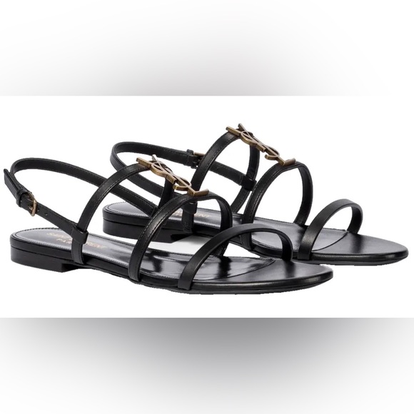 NEW SAINT LAURENT YSL BLACK LEATHER LOGO FLAT CASSANDRA SANDALS BOX 37 - Picture 2 of 11